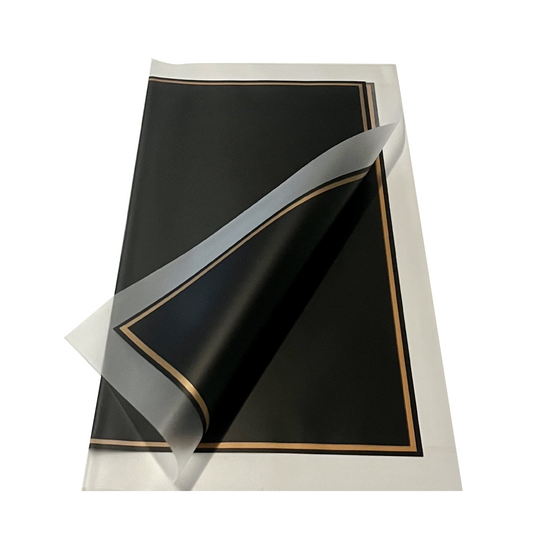 Cellophane Flower Wrap: Semi Transparent Black With Frosted Border & Gold trim (Pack of 20)