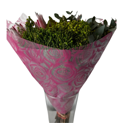 Cellophane Flower Wrap: Transparent Dark Pink Rose Print (Pack of 20)