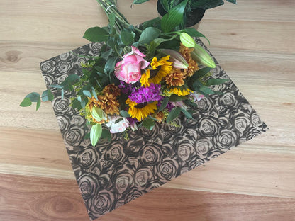 Cellophane Flower Wrap: Transparent Black Rose Print (Pack of 20)