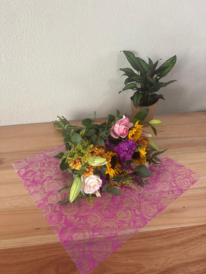 Cellophane Flower Wrap: Transparent Dark Pink Rose Print (Pack of 20)
